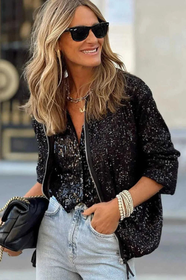Sequin Zip Up Long Sleeve Jacket 100100158551078 67 Jerry's Apparel 