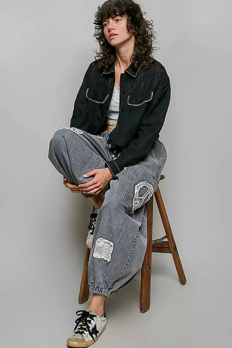 POL Cropped Button-Front Eyelet Cotton Jacket 100100292951676 66 Affordable Fashion Under $100 Jerry's Apparel 