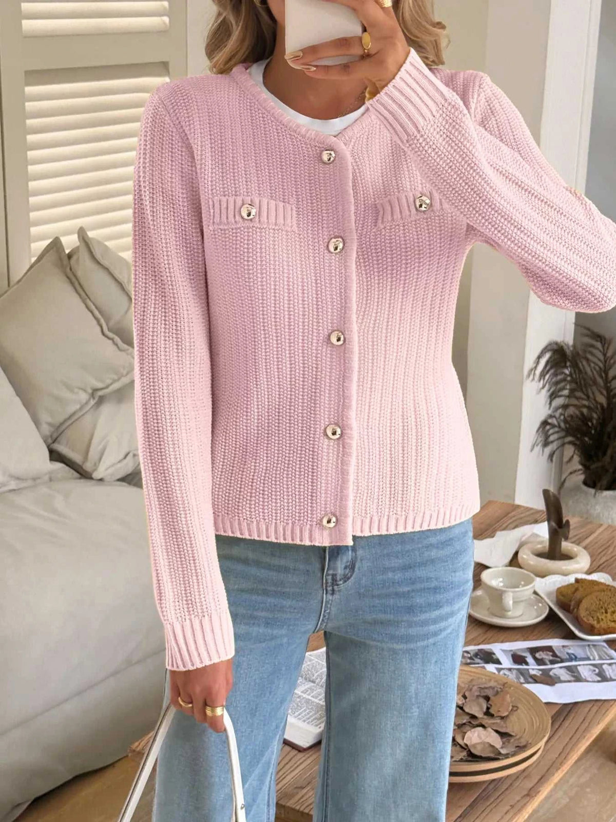 Button-Front Ribbed Long Sleeve Cardigan 100100873409689 56 Women's Sweaters and Knitwear Jerry's Apparel 