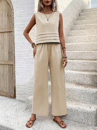 Honey Round Neck Sleeveless Top and Wide Leg Pants Set