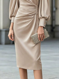 Long Sleeve Satin Ruched Midi Dress 101001413445997 63 Affordable Fashion Under $100 Jerry's Apparel 
