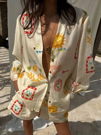 Printed Long Sleeve Shirt and Shorts Set