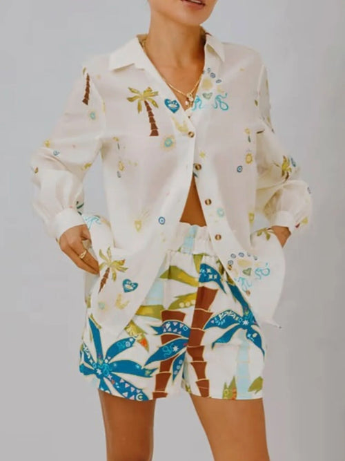 Printed Button Up Shirt and Shorts Set