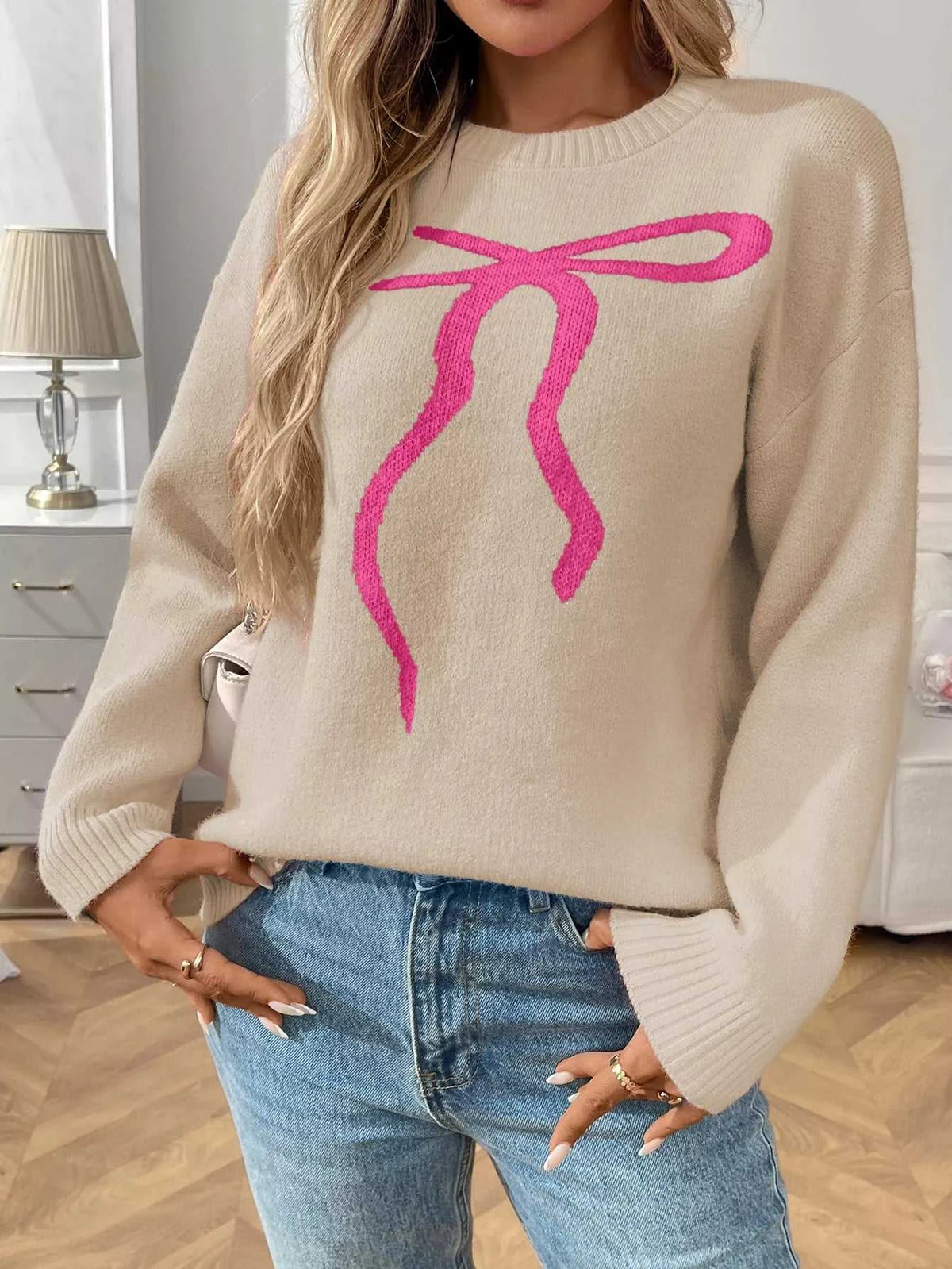 Bow Round Neck Long Sleeve Sweater 100100577001870 48 Seasonal Fashion Collections Jerry's Apparel 