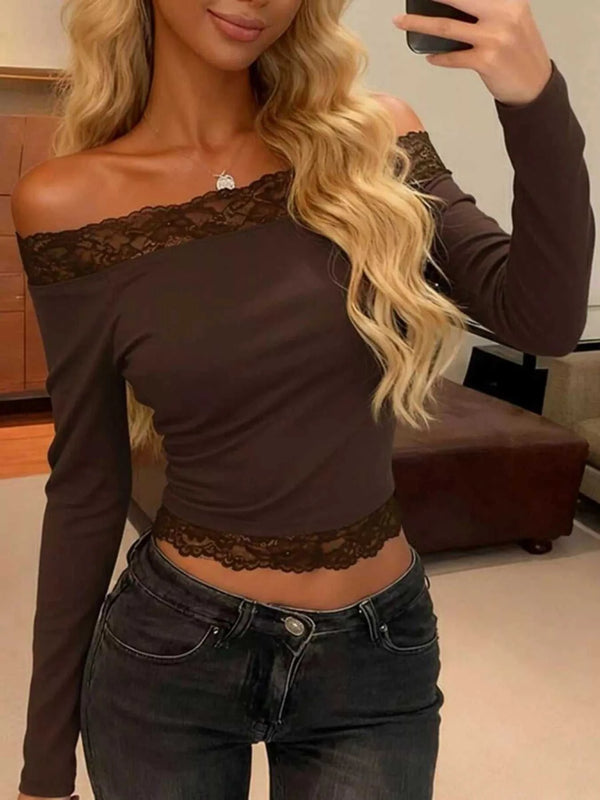 Off-Shoulder Lace Trim Long Sleeve T-Shirt 101001546400879 35 Affordable Fashion Under $100 Jerry's Apparel 