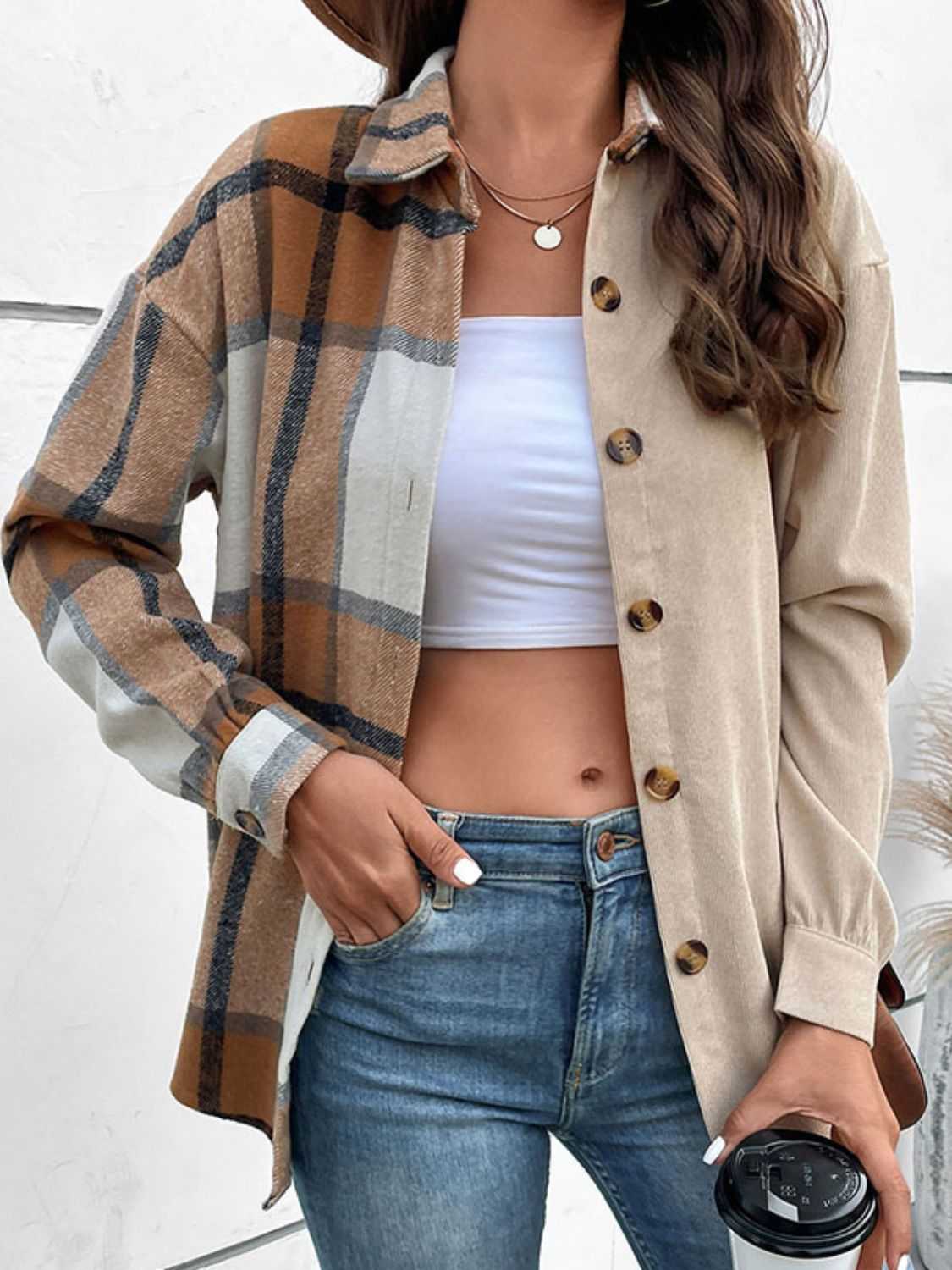 Perfee Contrast Plaid Print Dropped Shoulder Shirt 100100440964796 51 Affordable Fashion Under $100 Jerry's Apparel 