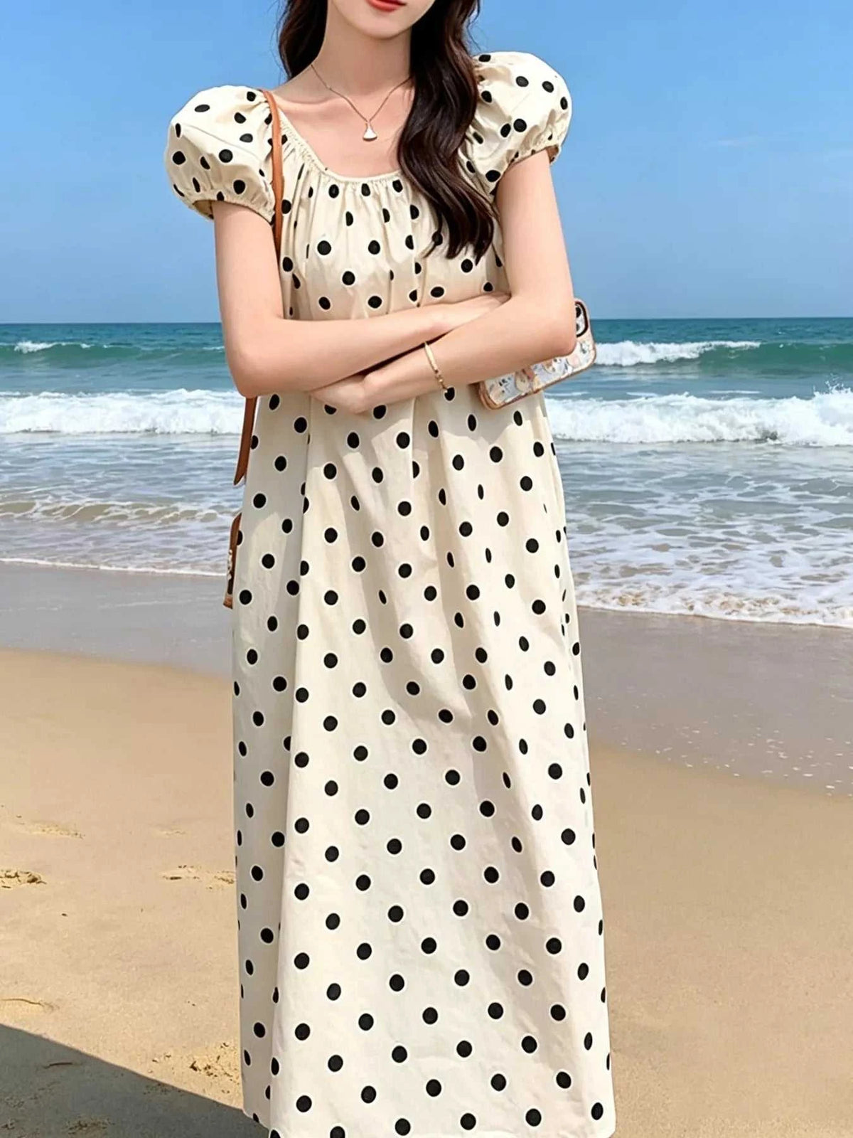 Polka Dot Puff Sleeve Midi Dress 100100808380411 41 Affordable Fashion Under $100 Jerry's Apparel 