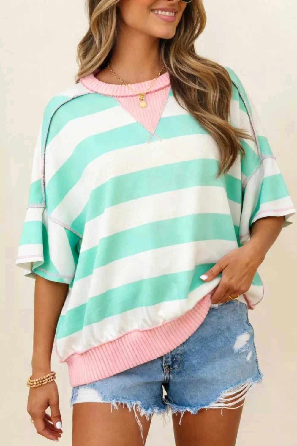 Stripe Exposed Seam Ribbed Patchwork Oversized Tee 100100861137572 24 Affordable Fashion Under $100 Jerry's Apparel 