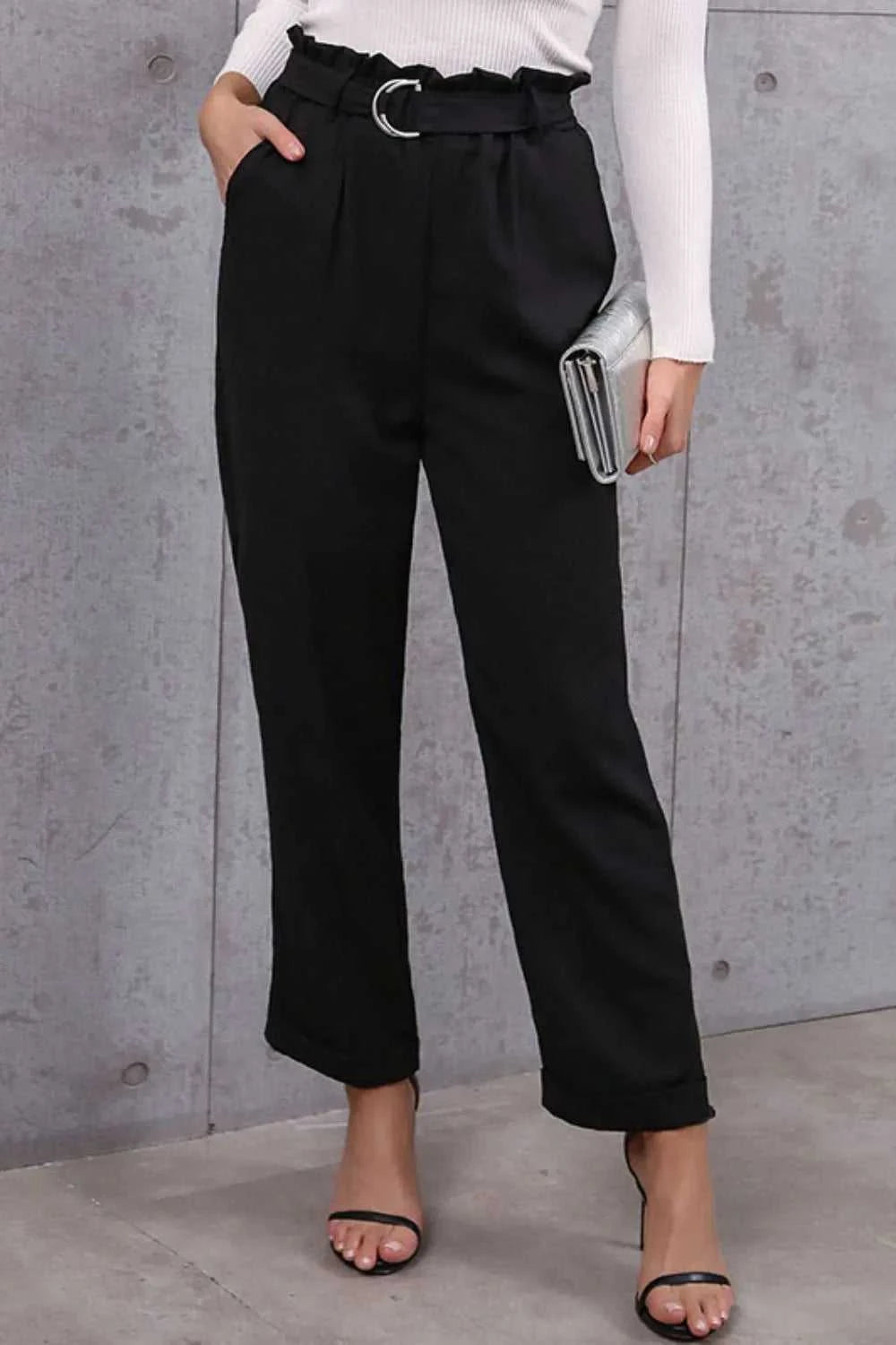 Belted Paperbag Waist Pants 100100696261209 36 Jerry's Apparel 