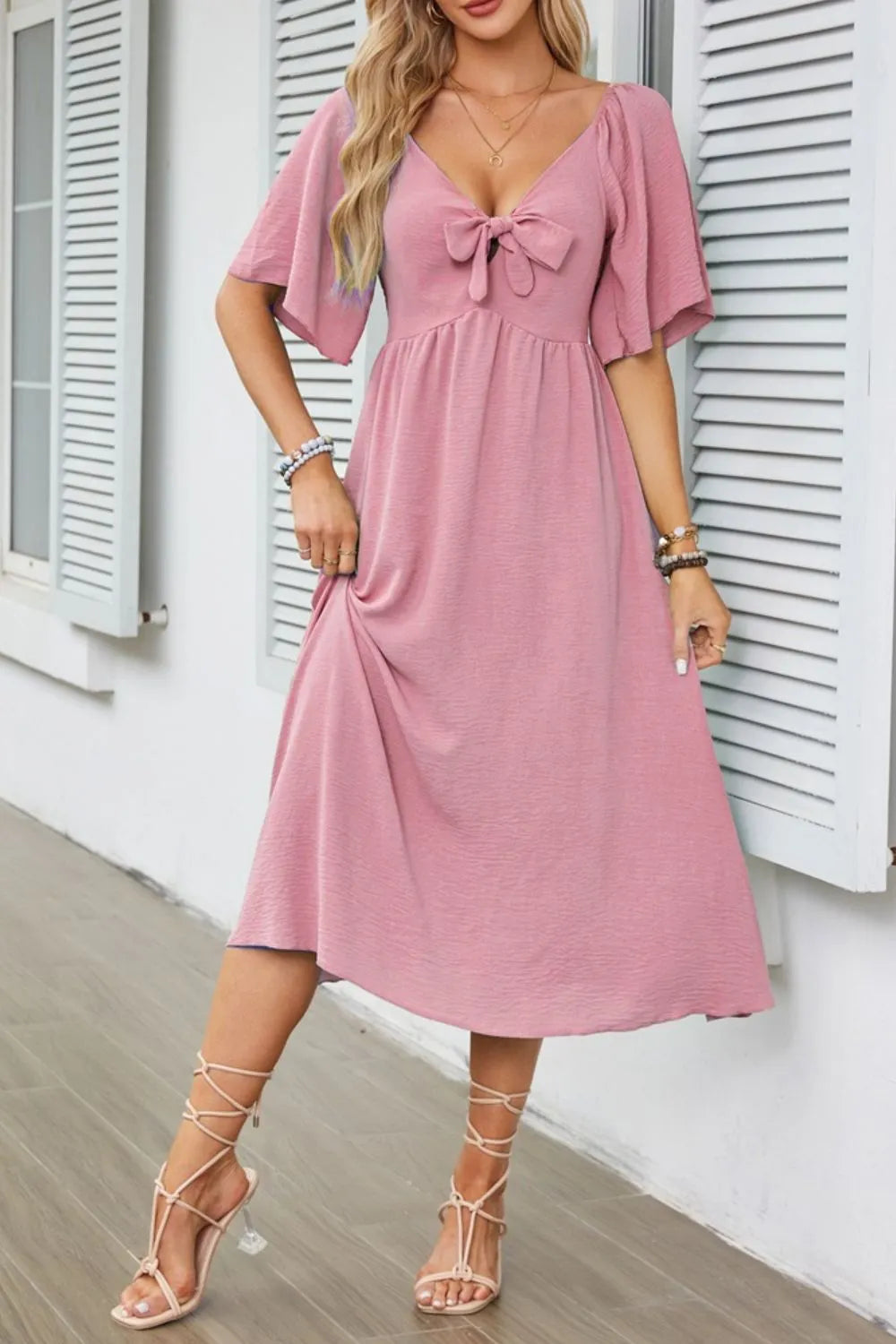 Smocked Tie Front Flutter Sleeve Midi Dress
