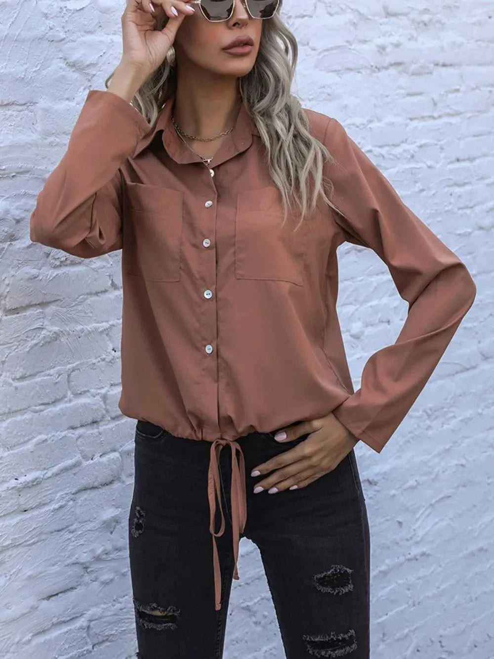 Perfee Tied Hem Button Down Long Sleeve Shirt 100100484971285 33 Affordable Fashion Under $100 Jerry's Apparel 