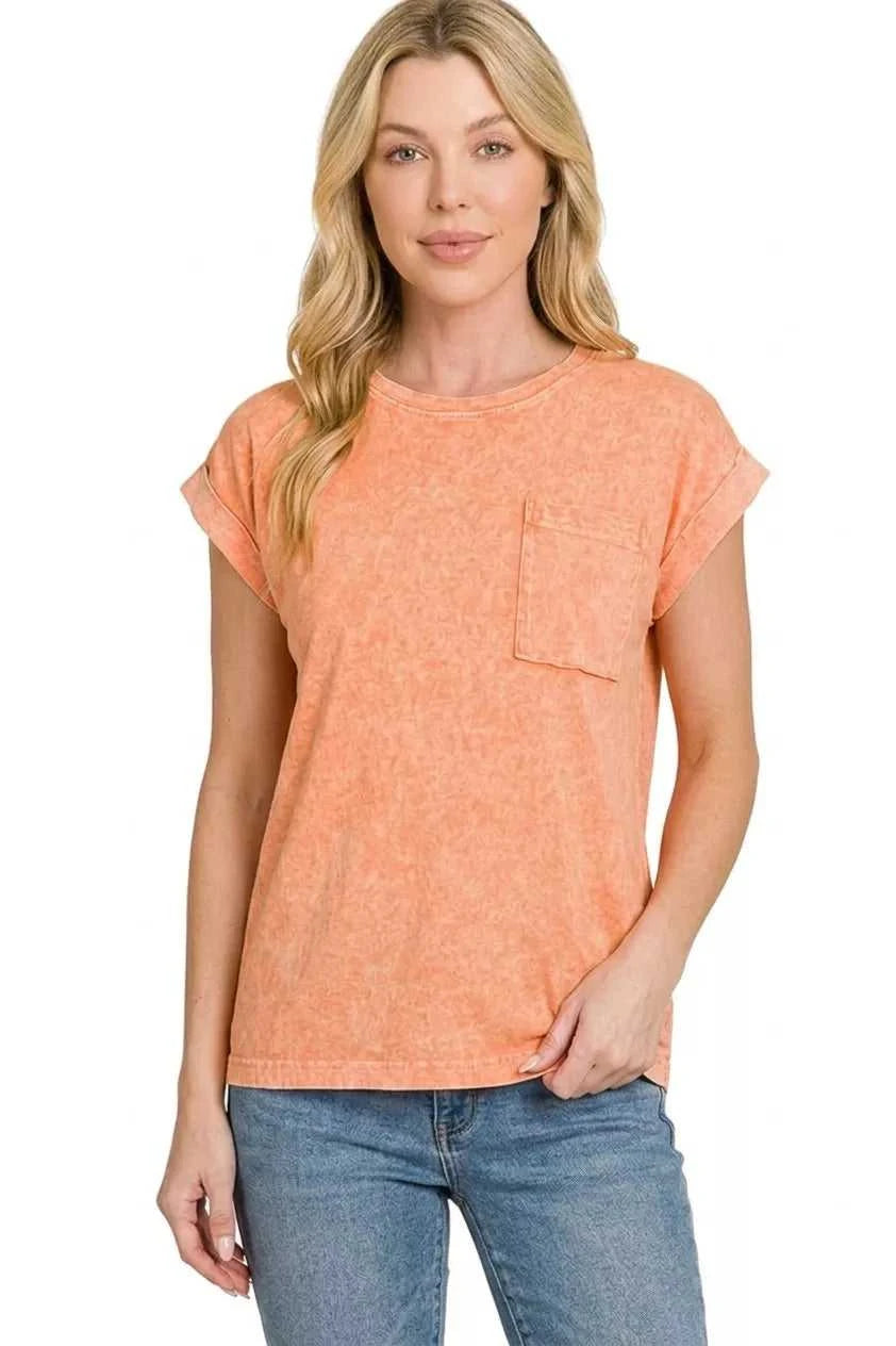 Zenana Halo Snow Washed Cuffed Short Sleeve Tee 100100305191622 23 Affordable Fashion Under $100 Jerry's Apparel 