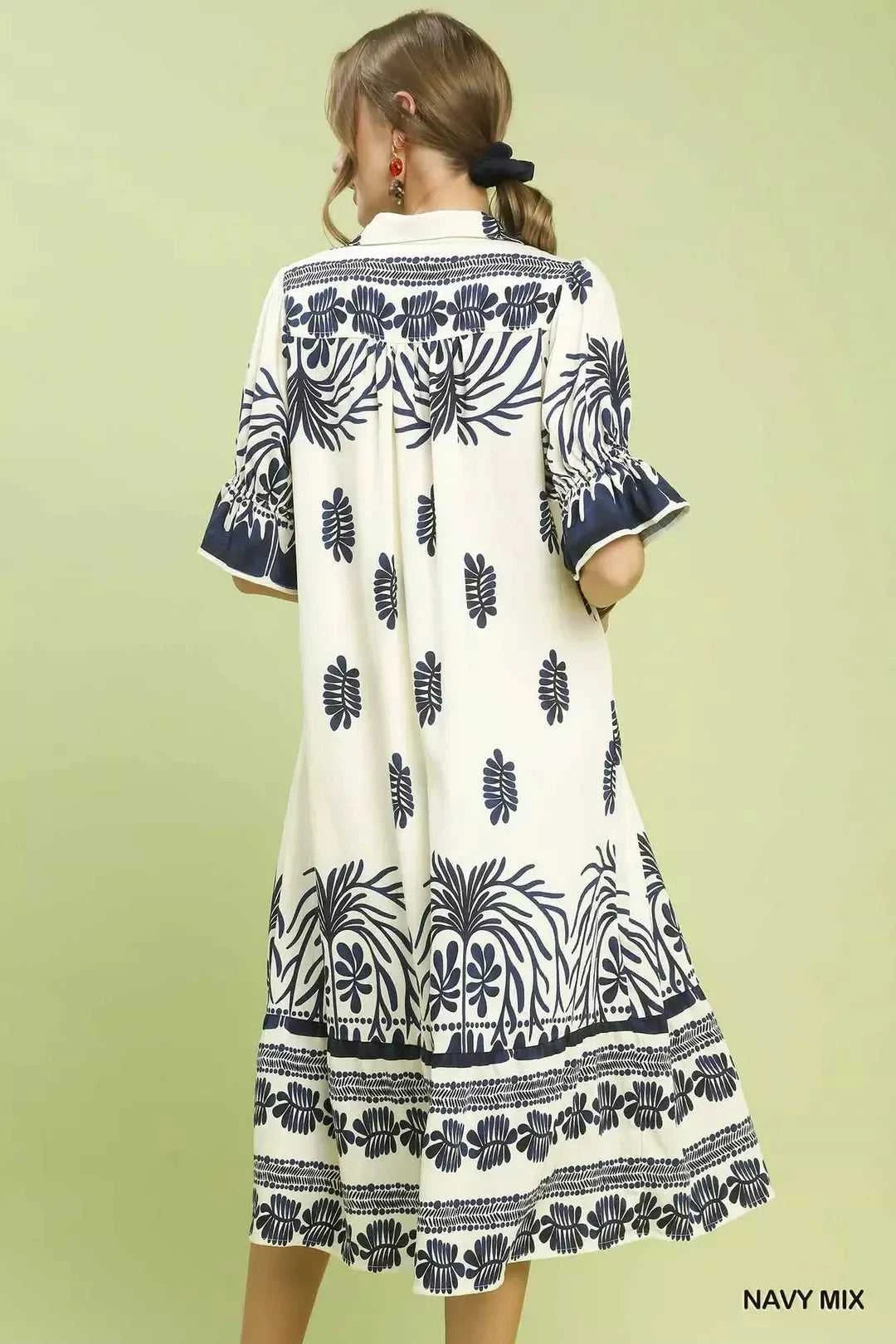 Umgee Border Print Midi Dress with Puff Sleeves 100100999481201 53 Affordable Fashion Under $100 Jerry's Apparel 