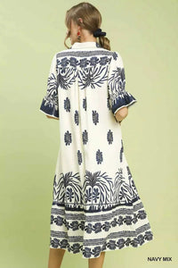 Umgee Border Print Midi Dress with Puff Sleeves 100100999481201 53 Affordable Fashion Under $100 Jerry's Apparel 