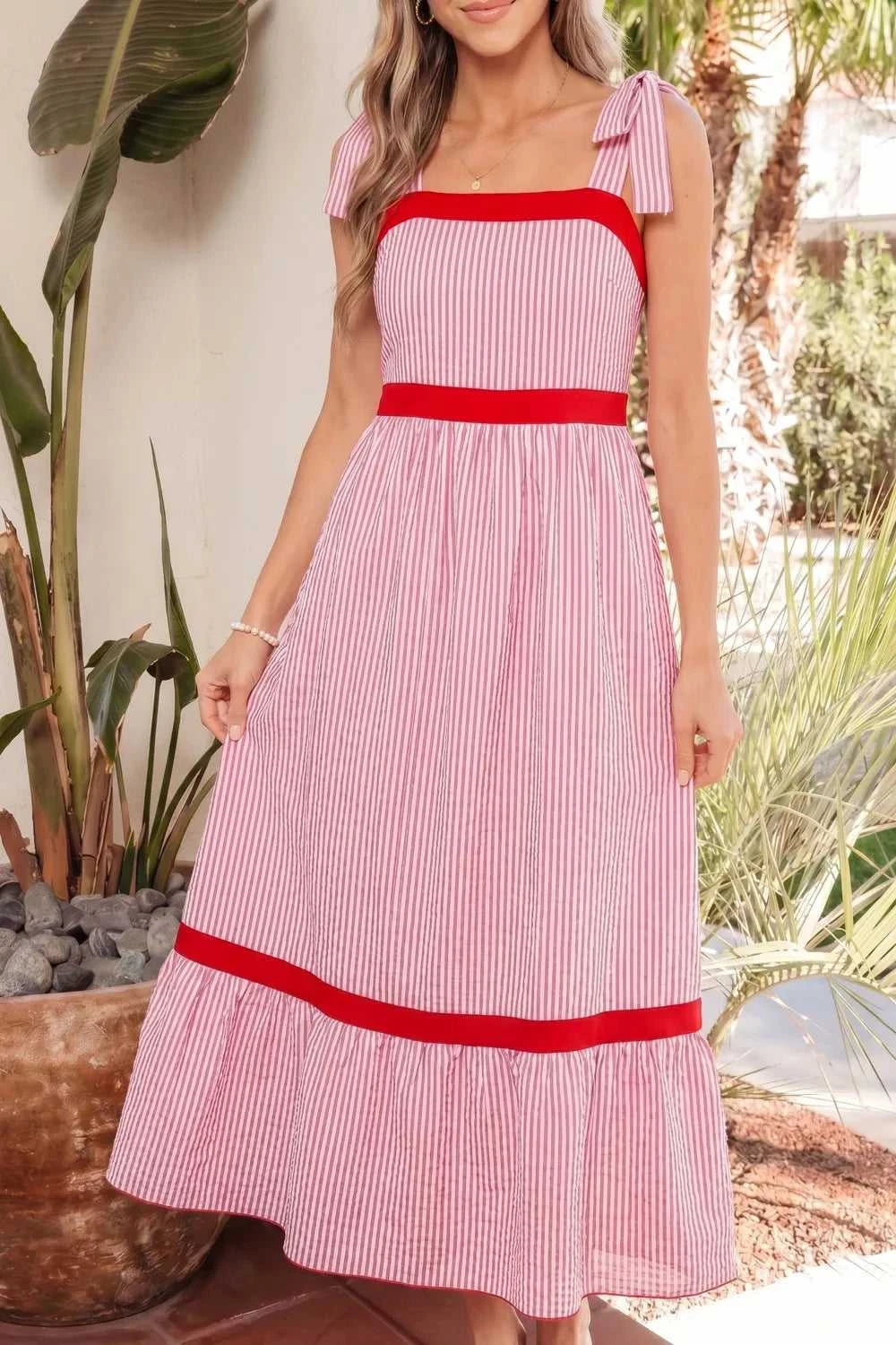 Stripe Bow Knot Straps Contrast Trim High Waist Ruffle Hem Maxi Dress 100100480806039 52 Gifts for Her Jerry's Apparel 