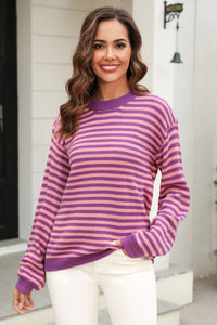 Angel Wings Striped Round Neck Dropped Shoulder Sweater