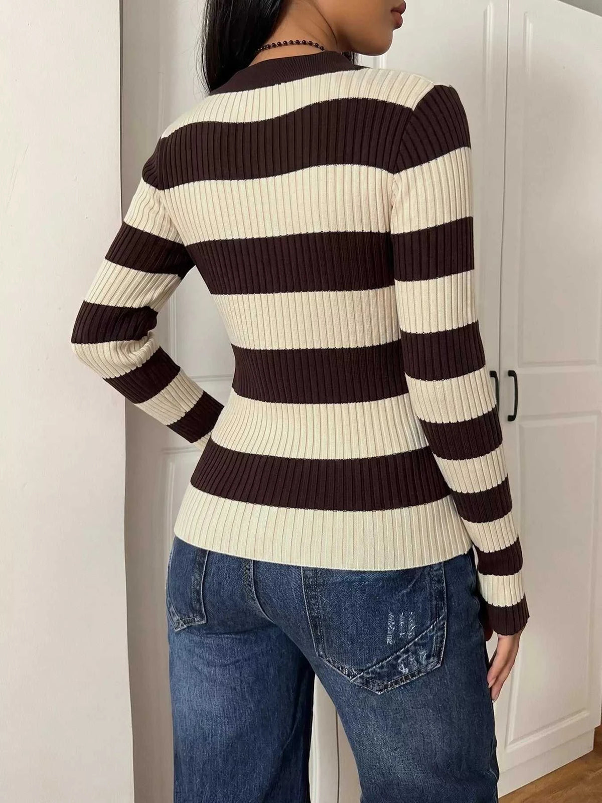 Striped Ribbed Knit Long Sleeve Sweater 100100411888212 40 Women's Sweaters and Knitwear Jerry's Apparel 