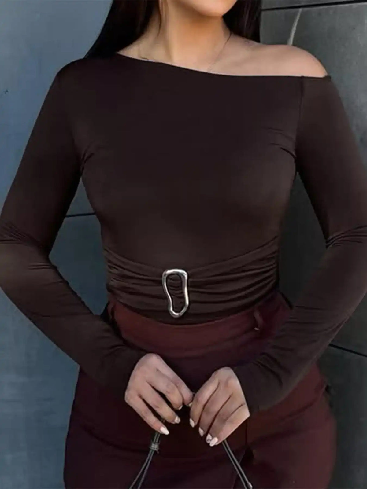 Asymmetrical One-Shoulder Long Sleeve T-Shirt with Metal Buckle Detail 101001662163144 30 Affordable Fashion Under $100 Jerry's Apparel 
