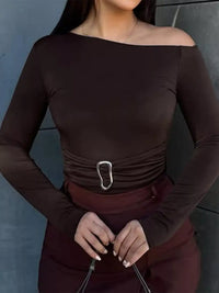 Asymmetrical One-Shoulder Long Sleeve T-Shirt with Metal Buckle Detail 101001662163144 30 Affordable Fashion Under $100 Jerry's Apparel 