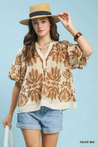 Umgee Mix Printed Puff Sleeve Top with Contrast Trim 100100078281232 47 Affordable Fashion Under $100 Jerry's Apparel 