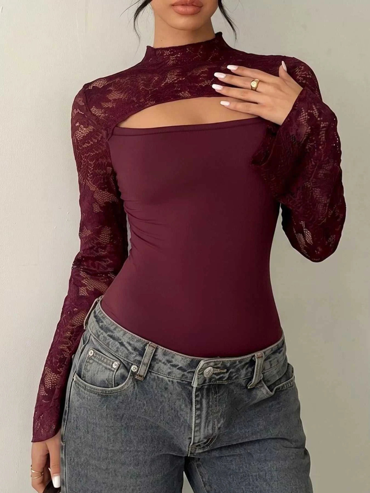 Lace Cut-out Flare Sleeve Bodysuit 100100328113938 32 Affordable Fashion Under $100 Jerry's Apparel 