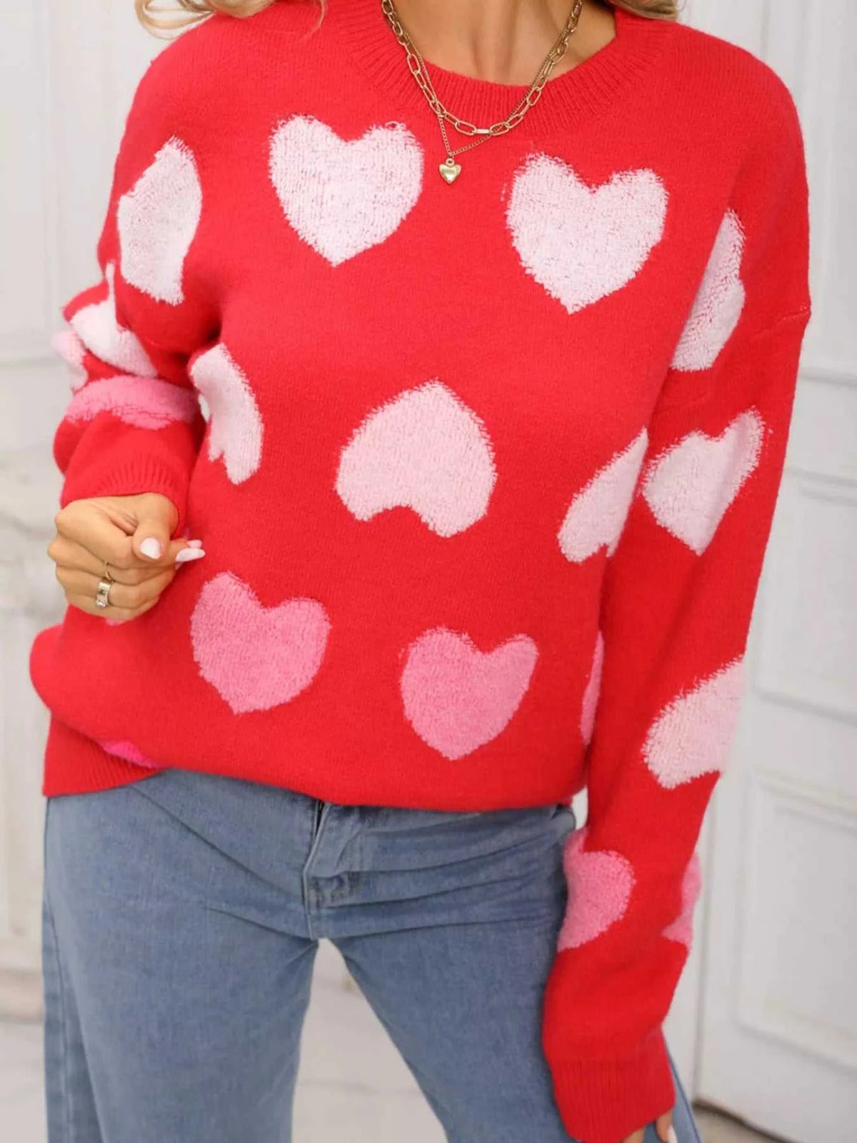 Valentine's Day Heart Pattern Fuzzy Knit Sweater 100100216252554 50 Gifts for Her Jerry's Apparel 