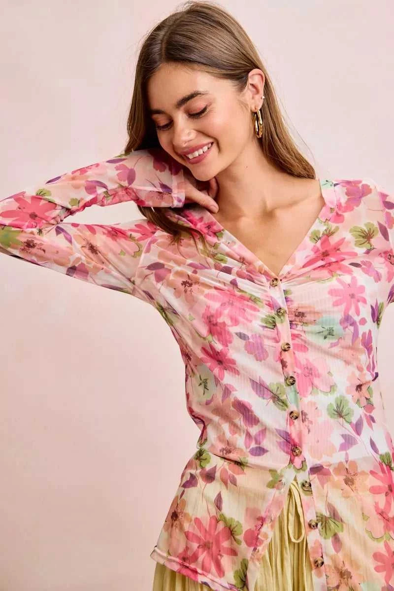 BiBi Floral Shrried Detail Button Up Mesh Cardigan Top 100100970651175 39 Gifts for Her Jerry's Apparel 