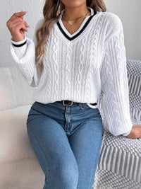 V-Neck Cable Knit Sweater with Striped Trim 101002502315459 35 Affordable Fashion Under $100 Jerry's Apparel 