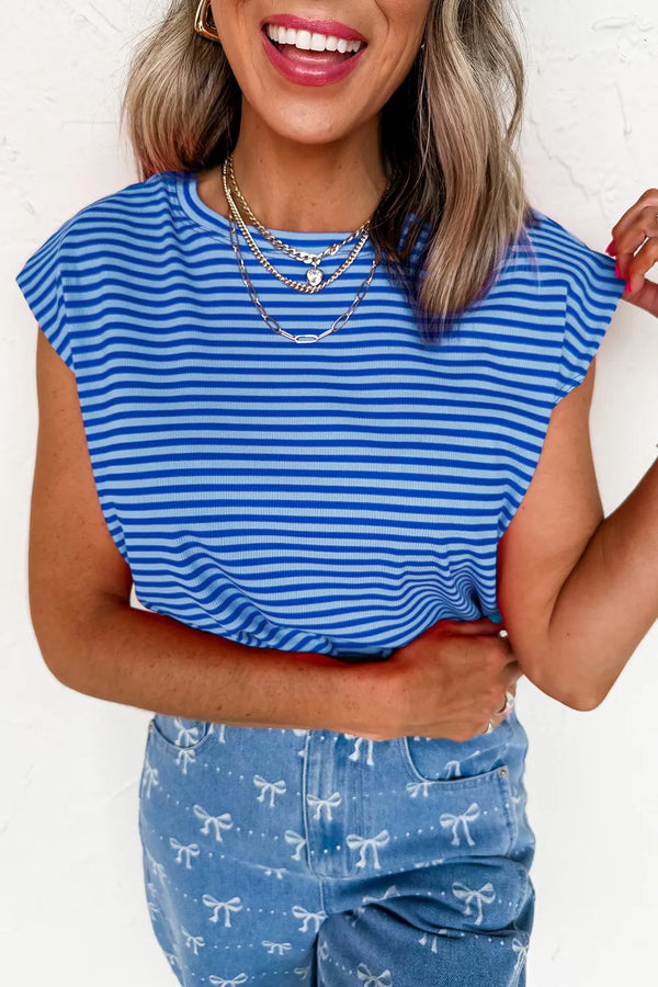 Striped Round Neck Cap Sleeve T-Shirt