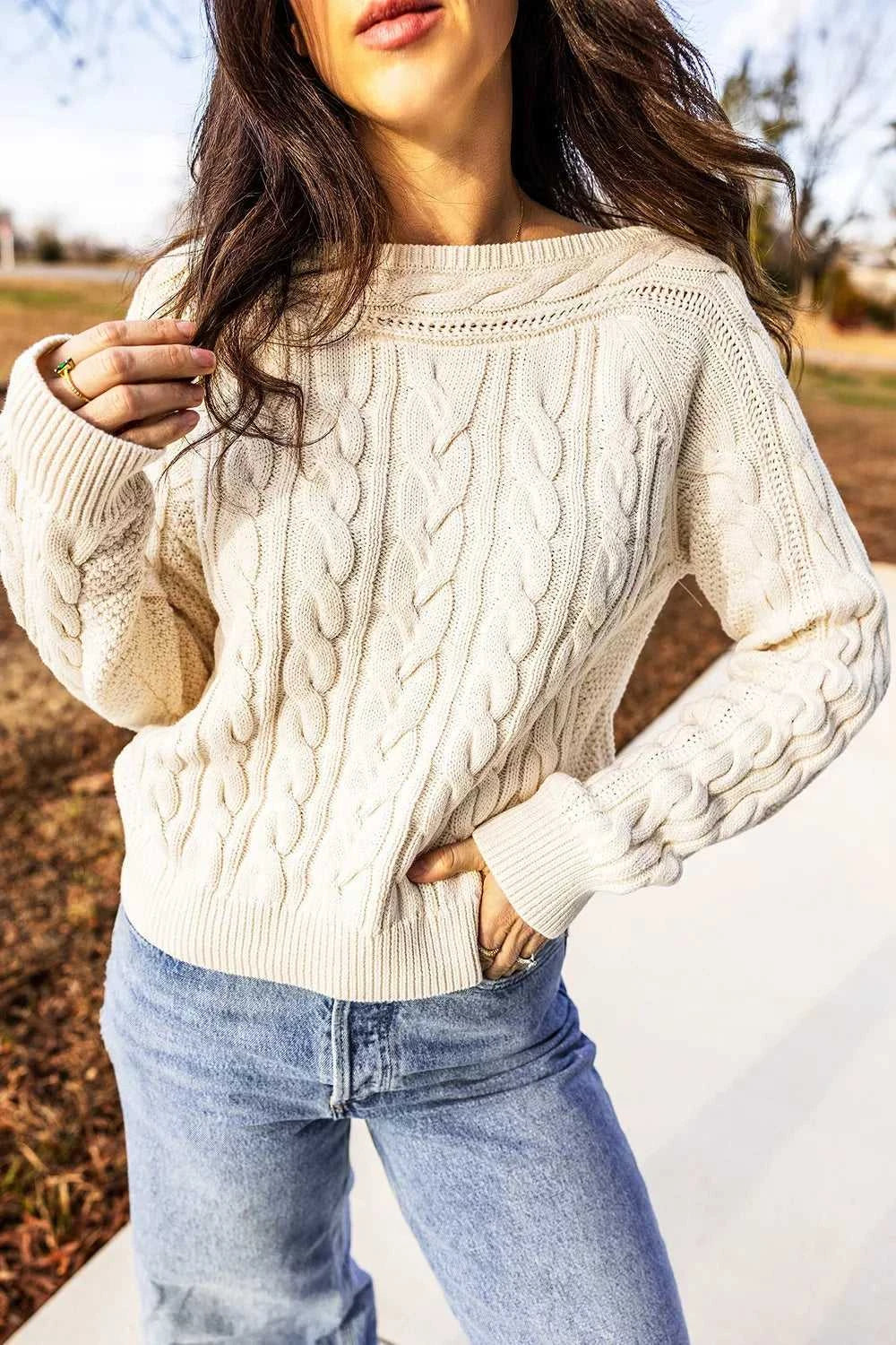 Drop Shoulder Round Neck Cable Knit Sweater 100100507789573 52 Affordable Fashion Under $100 Jerry's Apparel 