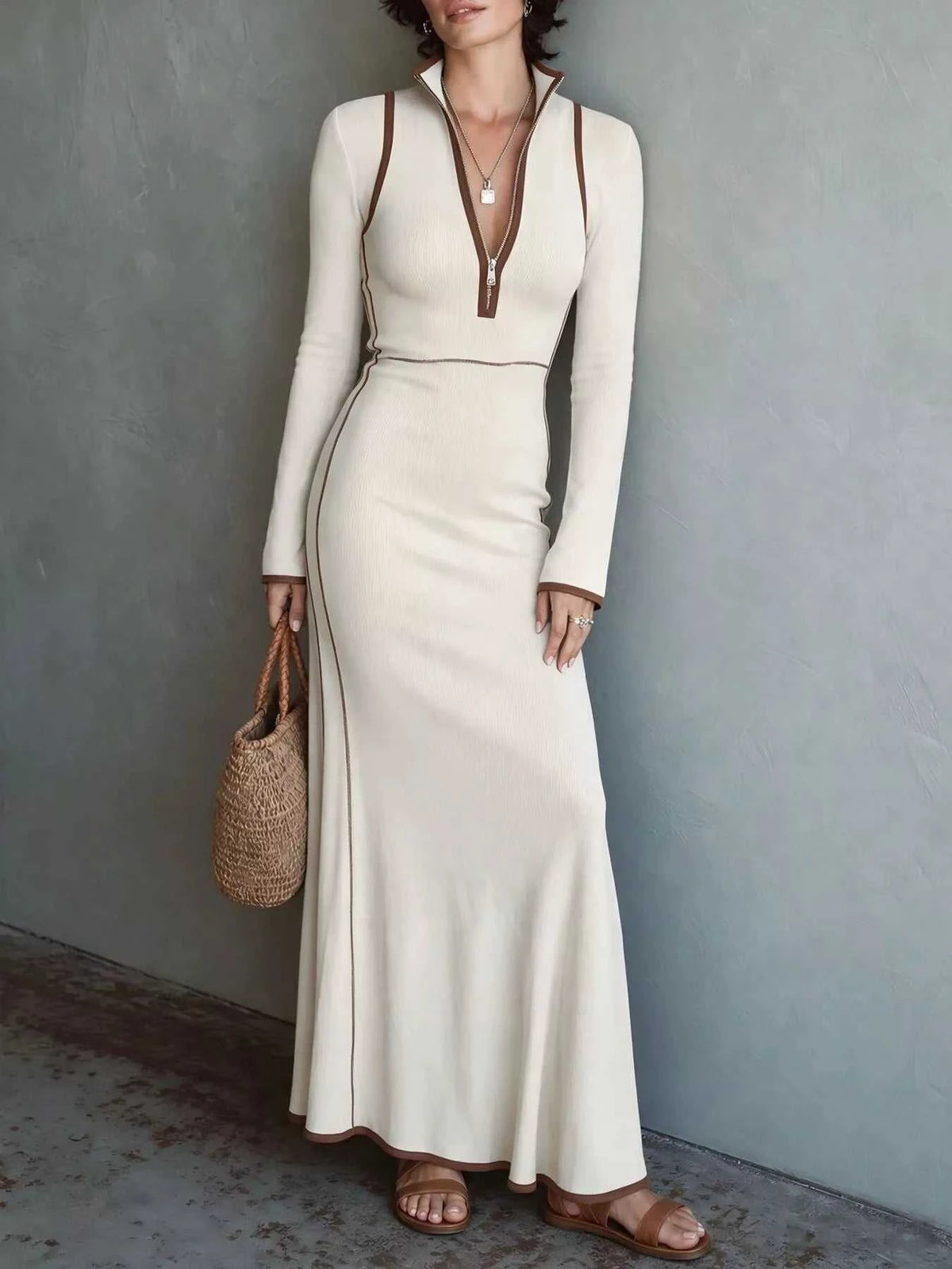 Full Size Contrast Trim Zip-Up Long Sleeve Knit Maxi Dress Plus Size 101002329716993 50 Affordable Fashion Under $100 Jerry's Apparel 