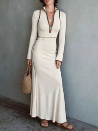 Full Size Contrast Trim Zip-Up Long Sleeve Knit Maxi Dress Plus Size 101002329716993 50 Affordable Fashion Under $100 Jerry's Apparel 