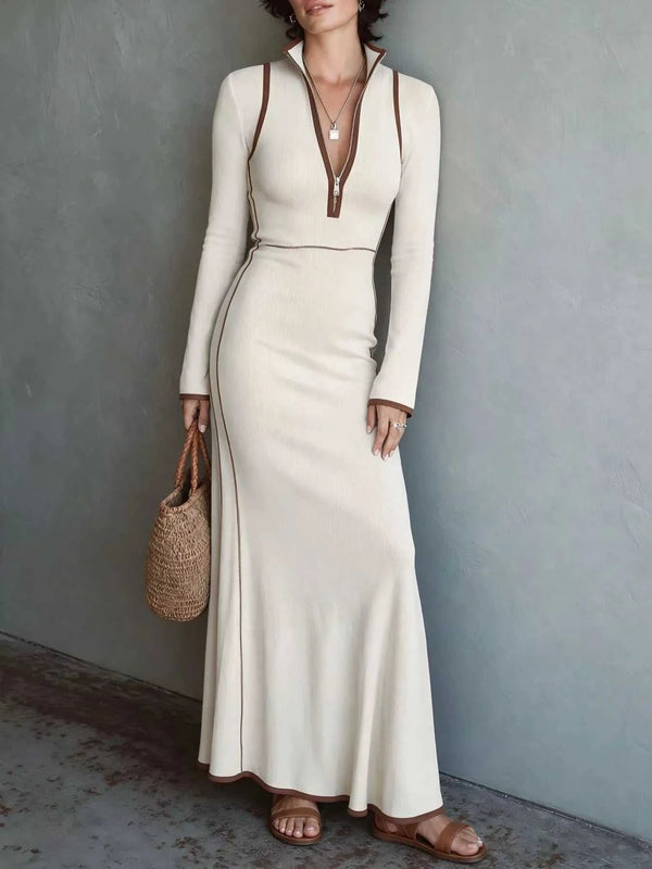 Full Size Contrast Trim Zip-Up Long Sleeve Knit Maxi Dress Plus Size 101002329716993 50 Affordable Fashion Under $100 Jerry's Apparel 