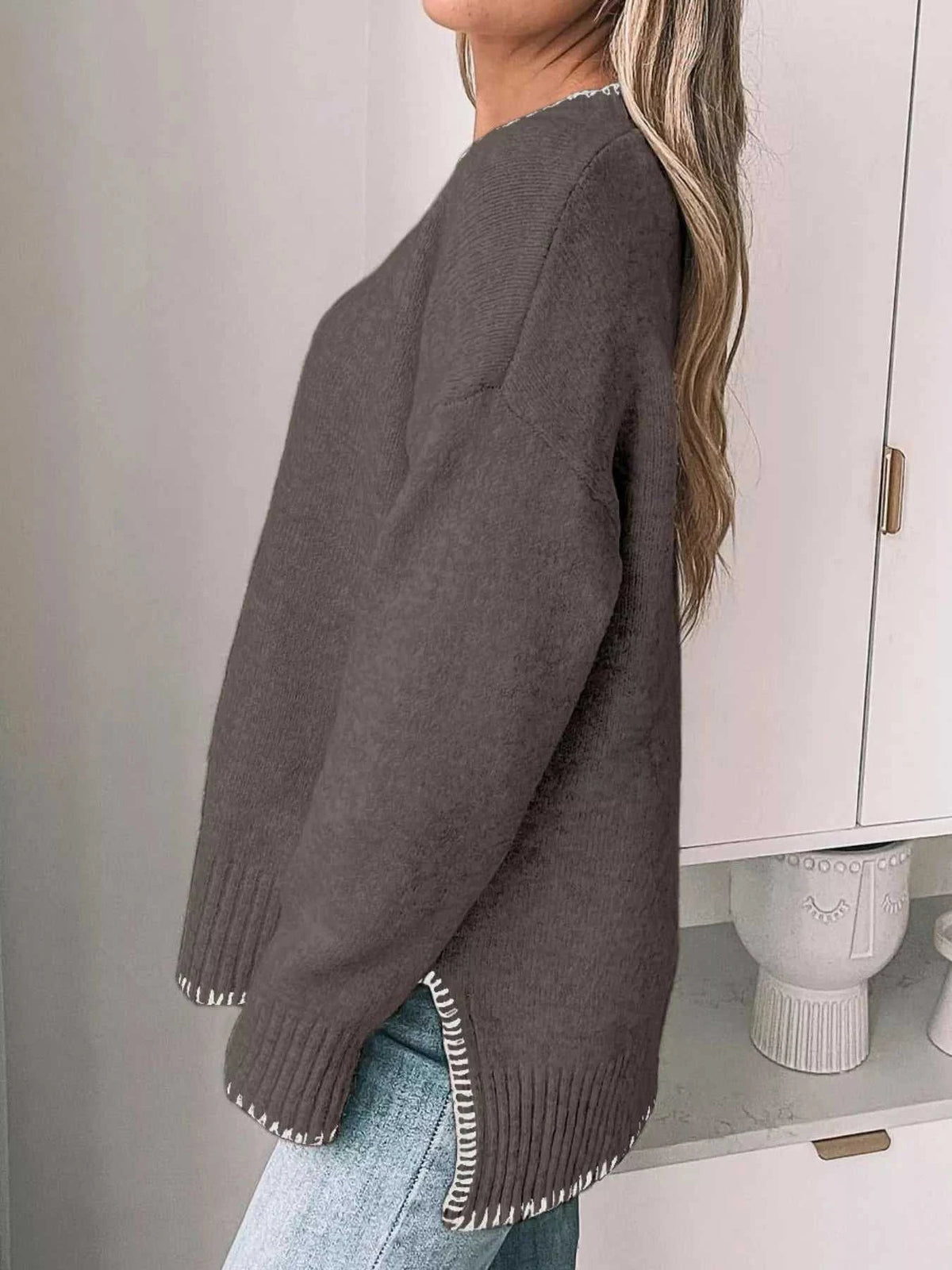 Slit Contrast Trim Round Neck Sweater 100100361481876 46 Affordable Fashion Under $100 Jerry's Apparel 