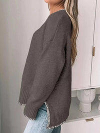 Slit Contrast Trim Round Neck Sweater 100100361481876 46 Affordable Fashion Under $100 Jerry's Apparel 