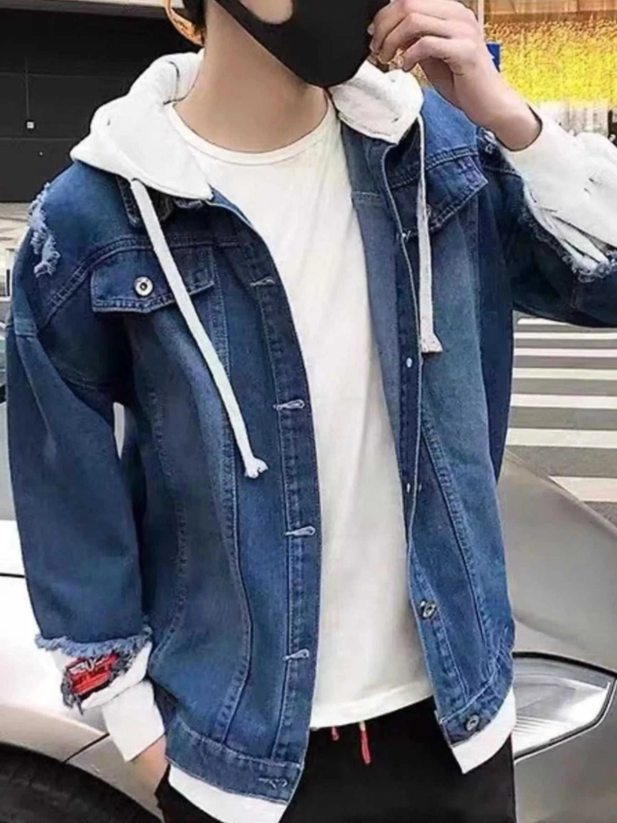 Men's Full Size Distressed Patchwork Hooded Denim Jacket Plus Size 100400544866556 55 Affordable Fashion Under $100 Jerry's Apparel 