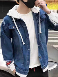 Men's Full Size Distressed Patchwork Hooded Denim Jacket Plus Size 100400544866556 55 Affordable Fashion Under $100 Jerry's Apparel 