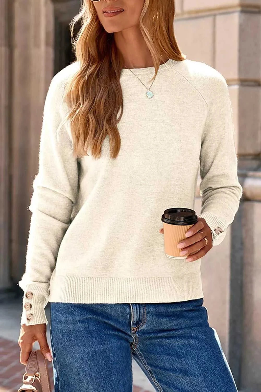 Button-Cuff Crew Neck Sweater 100100920961596 40 Women's Sweaters and Knitwear Jerry's Apparel 