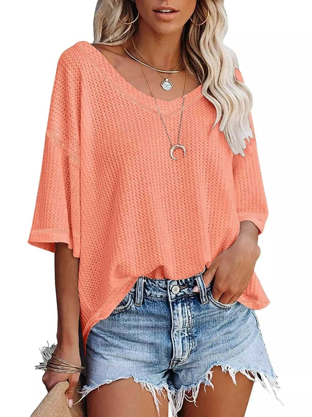 Waffle Knit V-Neck Short Sleeve T-Shirt 100100993990875 26 Affordable Fashion Under $100 Jerry's Apparel 