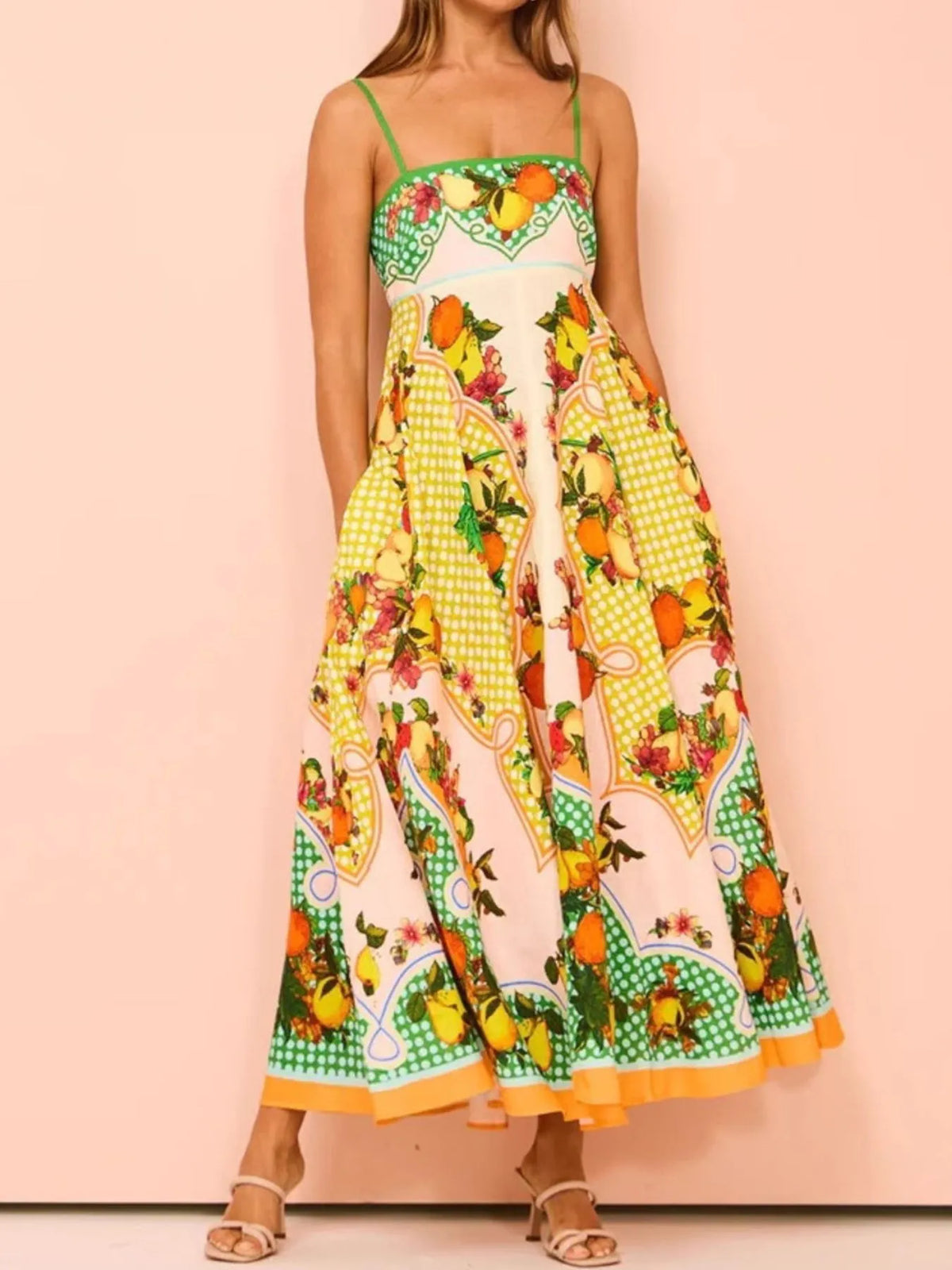 Fruit Print Square Neck Maxi Cami Dress