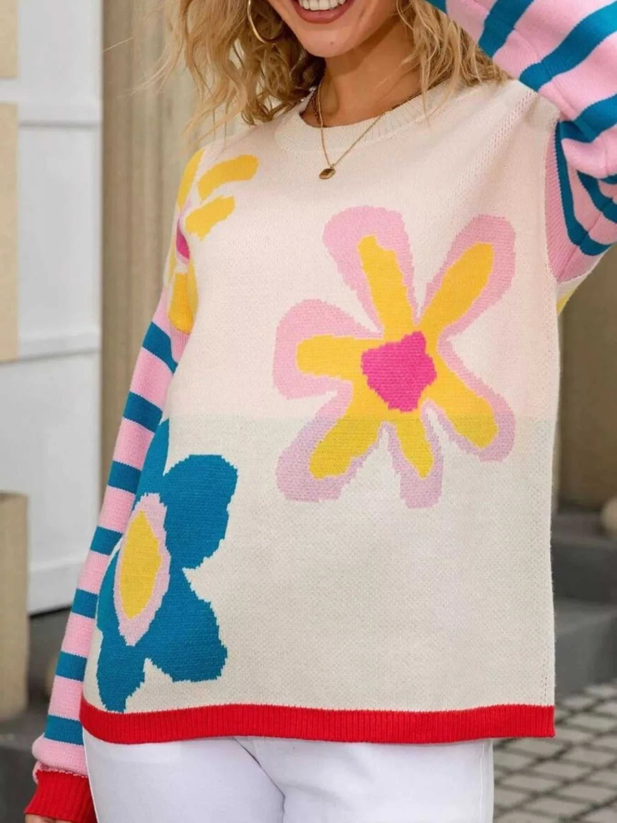Floral Striped Crew Neck Sweater 100100282505269 51 Affordable Fashion Under $100 Jerry's Apparel 