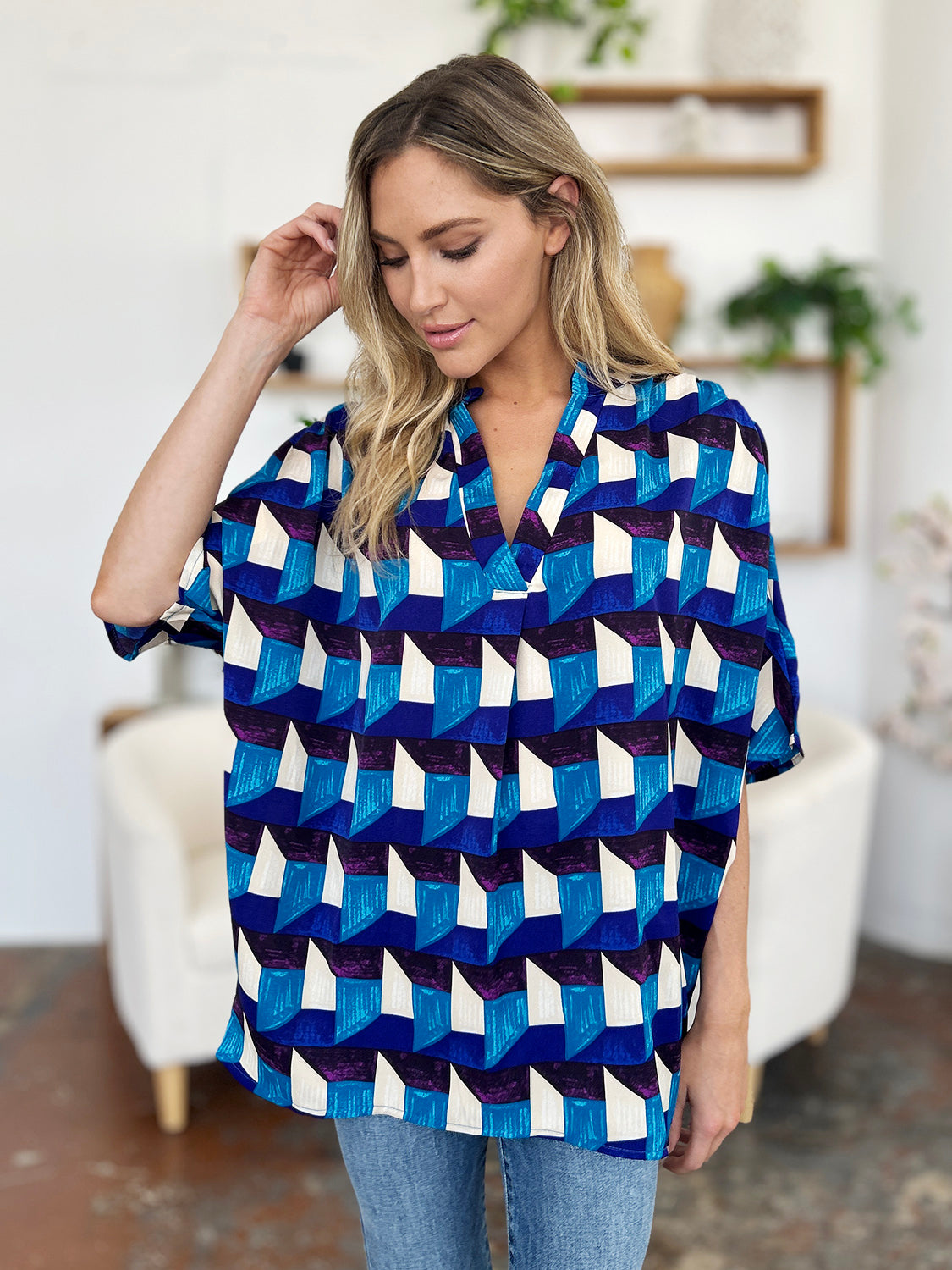 Full Size Geometric Notched Half Sleeve Blouse