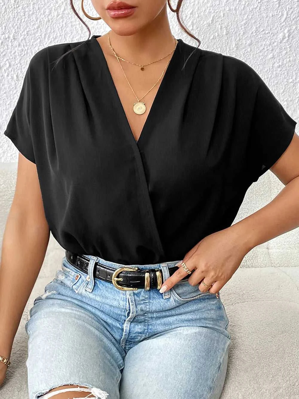 Perfee Surplice Short Sleeve Ruched Bodysuit 100100315761284 27 Affordable Fashion Under $100 Jerry's Apparel 