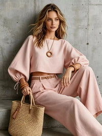 Balloon Sleeve Crop Top and Wide-Leg Pants Set 101001530012684 71 Affordable Fashion Under $100 Jerry's Apparel 