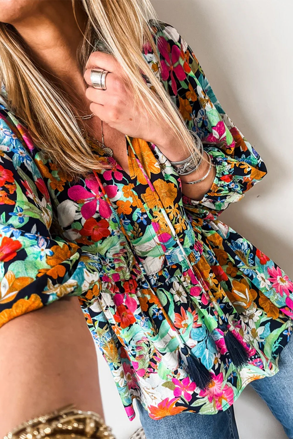 Floral Tie Neck Balloon Sleeve Blouse