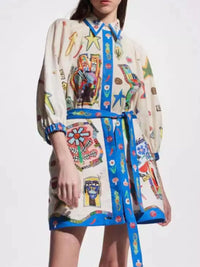 Printed Tie Waist Mini Shirt Dress