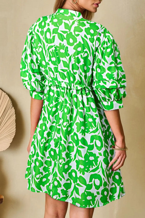 Printed Puff Half Sleeve V Neck Babydoll Dress