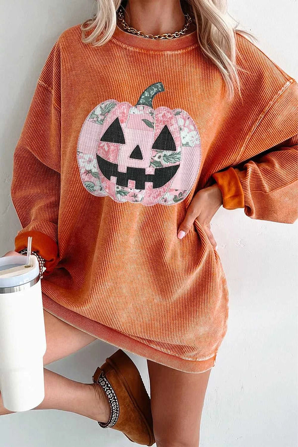 Patchwork Pumpkin Graphic Corded Ribbed Round Neck Tunic Sweatshirt 101001131339242 39 Affordable Fashion Under $100 Jerry's Apparel 