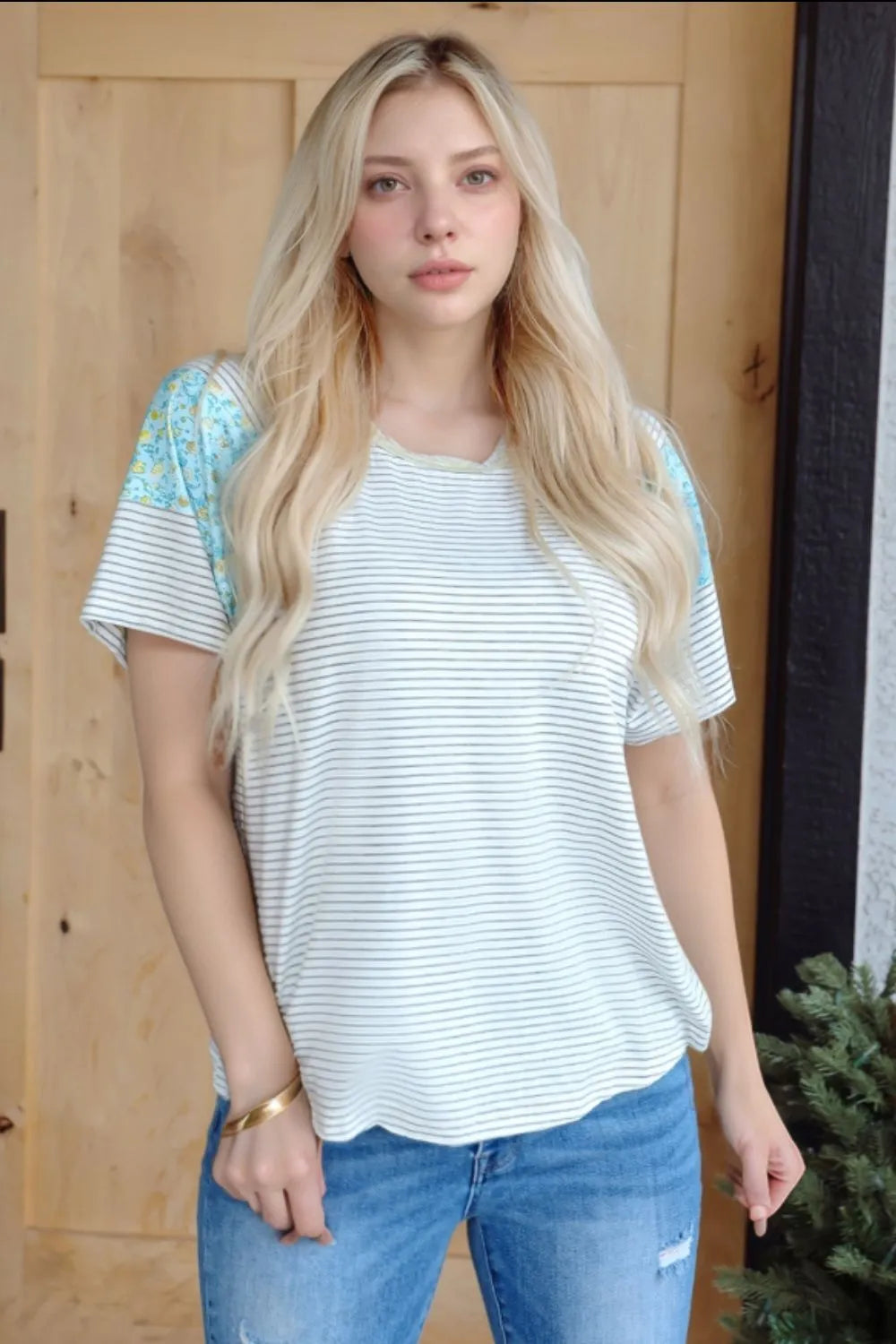 Stripe Floral Insert Sleeves Contrast Round Neck Tee