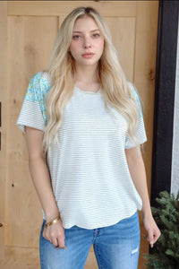 Stripe Floral Insert Sleeves Contrast Round Neck Tee